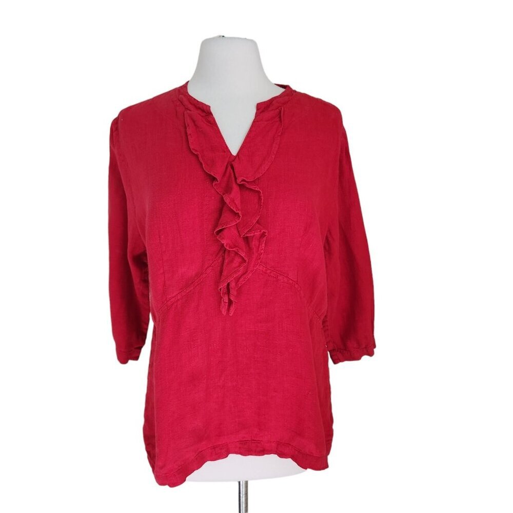 Mosaic‎ USA 100% Linen Top Blouse Women's S/M Red 3/4 Sleeve Shirt Ruffle